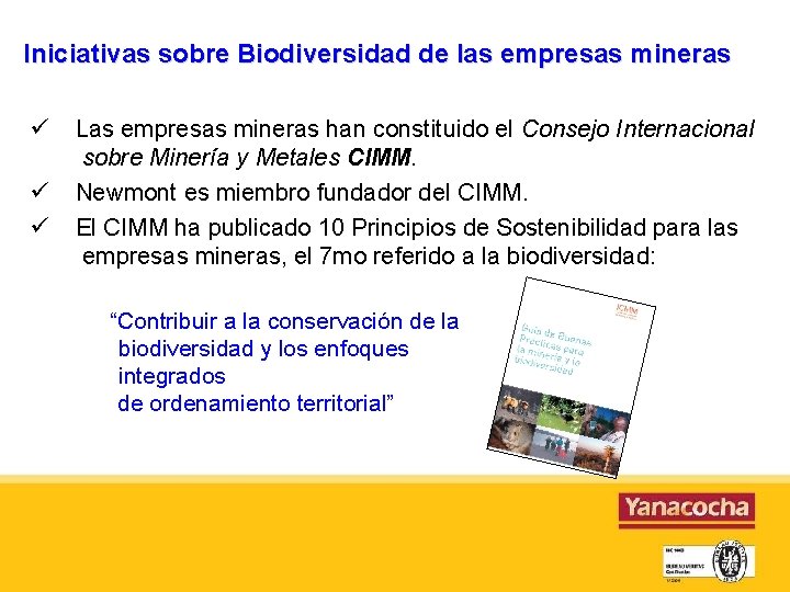 Iniciativas sobre Biodiversidad de las empresas mineras Las empresas mineras han constituido el Consejo