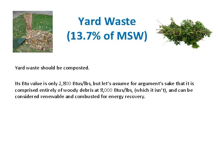 Yard Waste (13. 7% of MSW) Yard waste should be composted. Its Btu value