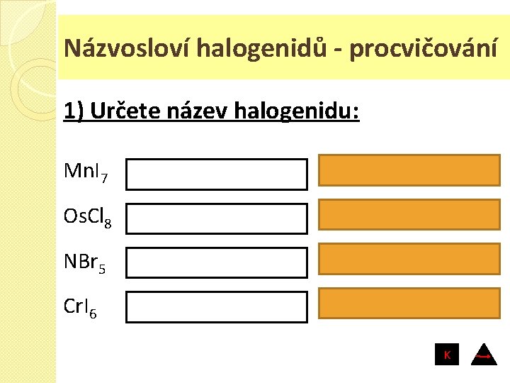 Názvosloví halogenidů - procvičování 1) Určete název halogenidu: Mn. I 7 jodid manganistý Os.