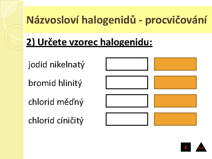 Názvosloví halogenidů - procvičování 2) Určete vzorec halogenidu: jodid nikelnatý Ni. I 2 bromid