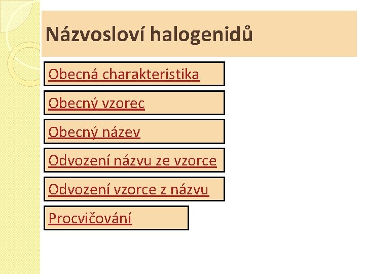 Názvosloví halogenidů Obecná charakteristika Obecný vzorec Obecný název Odvození názvu ze vzorce Odvození vzorce