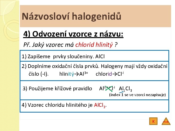 Názvosloví halogenidů 4) Odvození vzorce z názvu: Př. Jaký vzorec má chlorid hlinitý ?