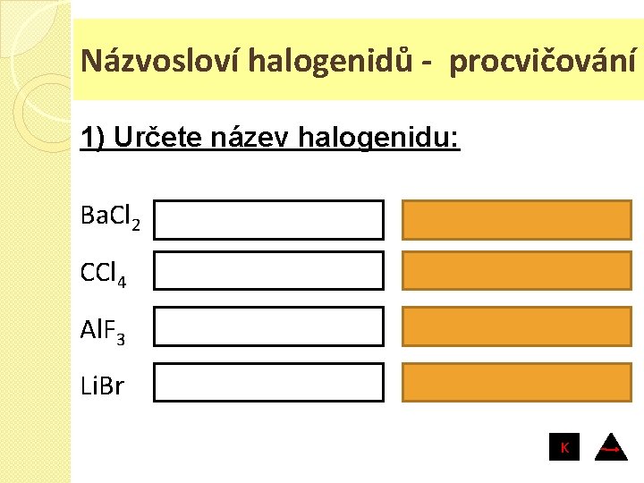 Názvosloví halogenidů - procvičování 1) Určete název halogenidu: Ba. Cl 2 chlorid barnatý CCl