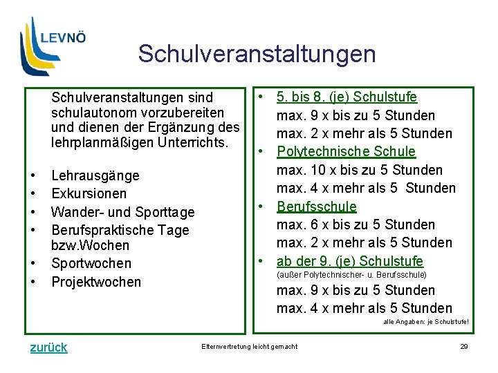 Schulveranstaltungen sind schulautonom vorzubereiten und dienen der Ergänzung des lehrplanmäßigen Unterrichts. • • •