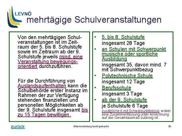 mehrtägige Schulveranstaltungen Von den mehrtägigen Schulveranstaltungen ist im Zeitraum der 5. bis 8. Schulstufe