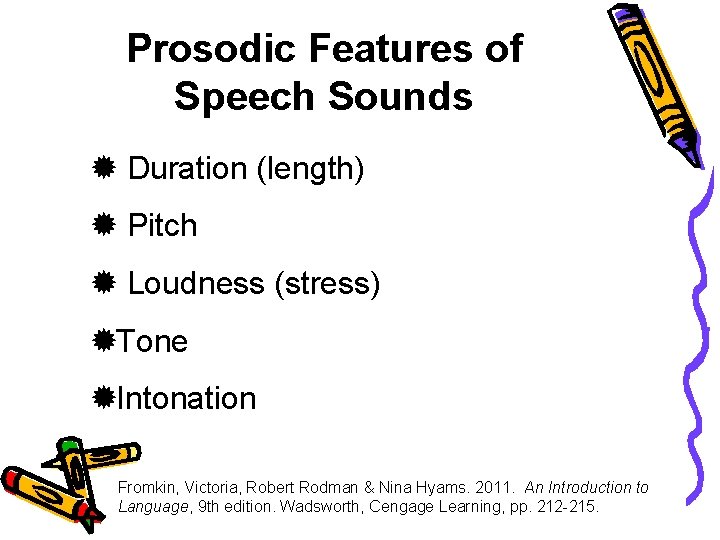 Prosodic Features of Speech Sounds Duration (length) Pitch Loudness (stress) Tone Intonation Fromkin, Victoria,