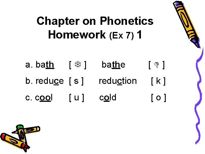 Chapter on Phonetics Homework (Ex 7) 1 a. bath [ ] bathe [ ]