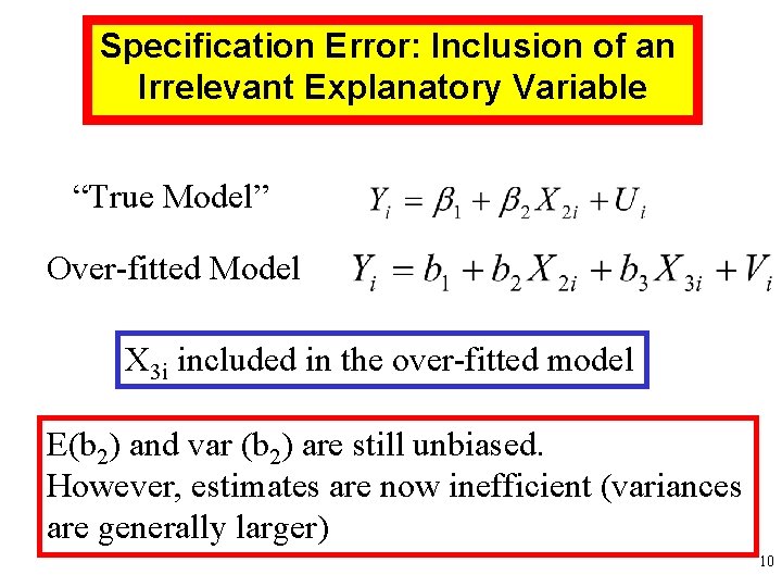 Specification Error: Inclusion of an Irrelevant Explanatory Variable “True Model” Over-fitted Model X 3