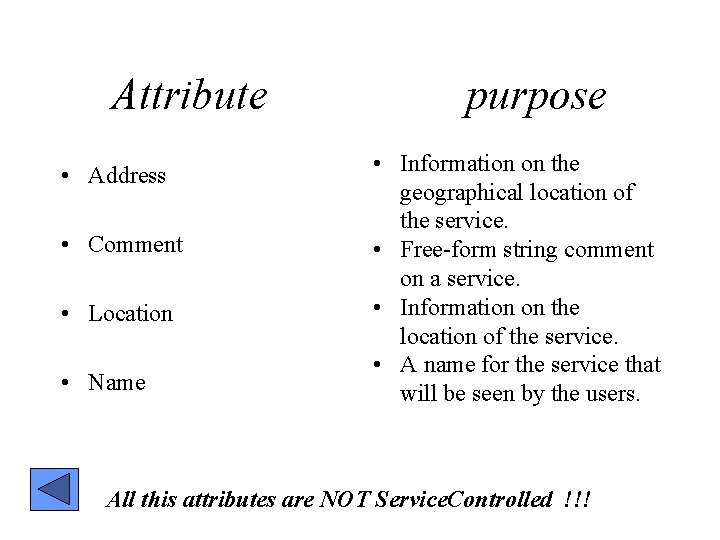 Attribute • Address • Comment • Location • Name purpose • Information on the