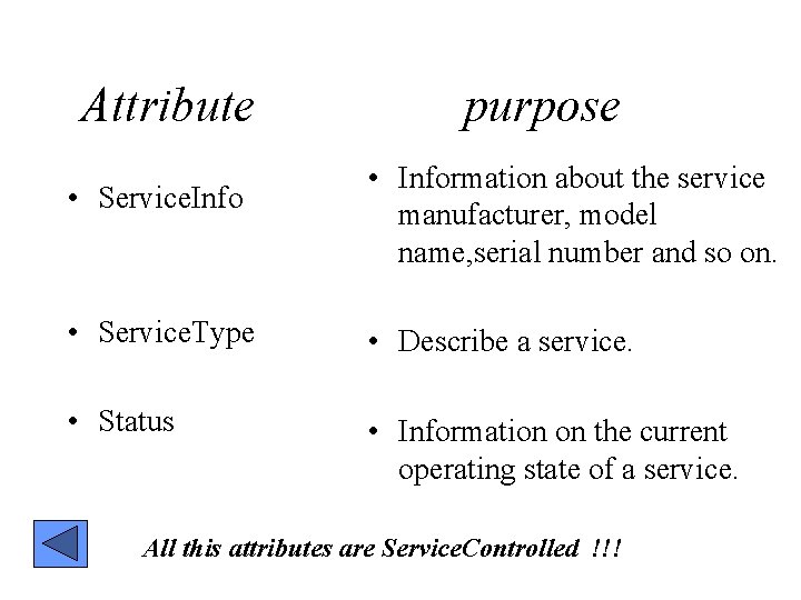 Attribute • Service. Info purpose • Information about the service manufacturer, model name, serial