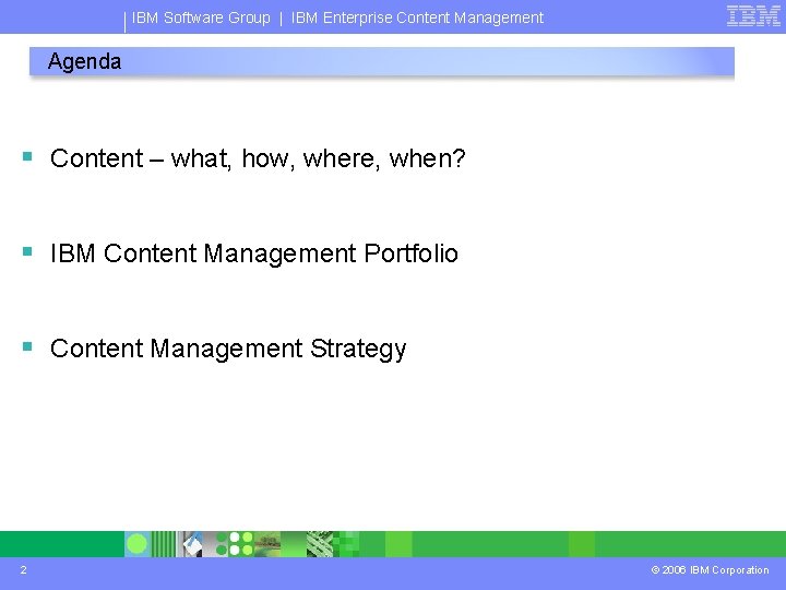 IBM Software Group | IBM Enterprise Content Management Agenda § Content – what, how,