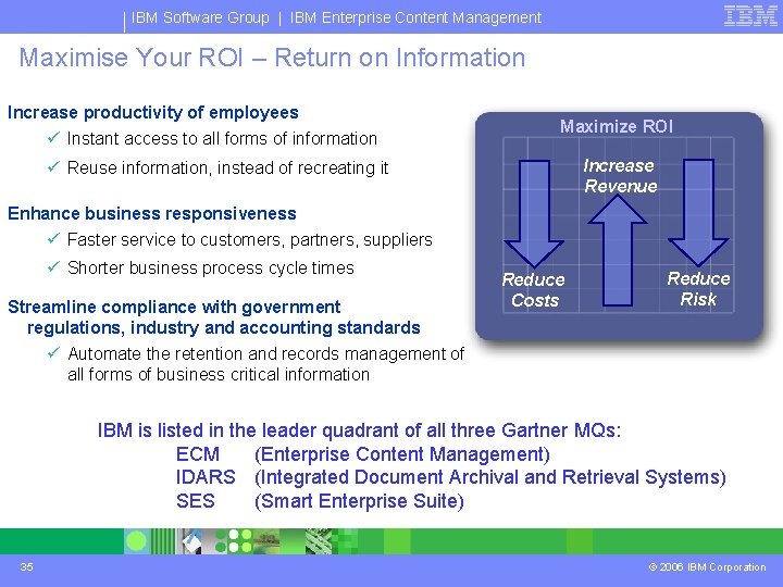 IBM Software Group | IBM Enterprise Content Management Maximise Your ROI – Return on