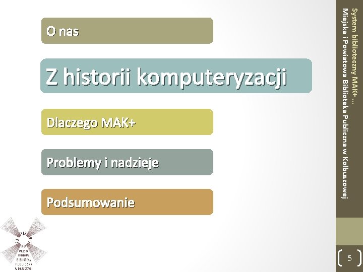 Z historii komputeryzacji Dlaczego MAK+ Problemy i nadzieje Podsumowanie System biblioteczny MAK+ … Miejska