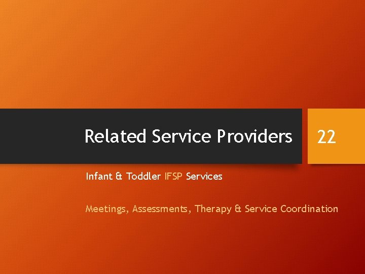 Related Service Providers 22 Infant & Toddler IFSP Services Meetings, Assessments, Therapy & Service