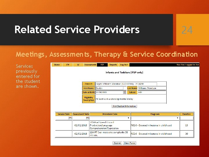 Related Service Providers 24 Meetings, Assessments, Therapy & Service Coordination Services previously entered for