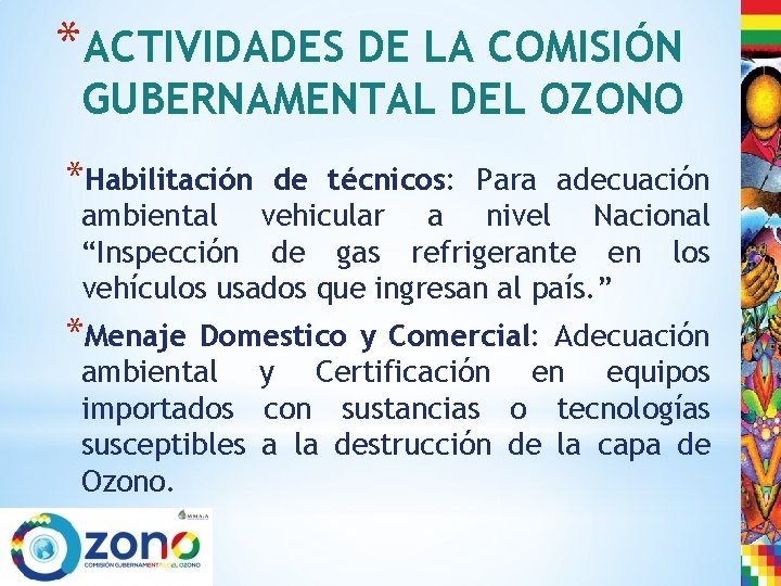 *ACTIVIDADES DE LA COMISIÓN GUBERNAMENTAL DEL OZONO *Habilitación de técnicos: Para adecuación ambiental vehicular