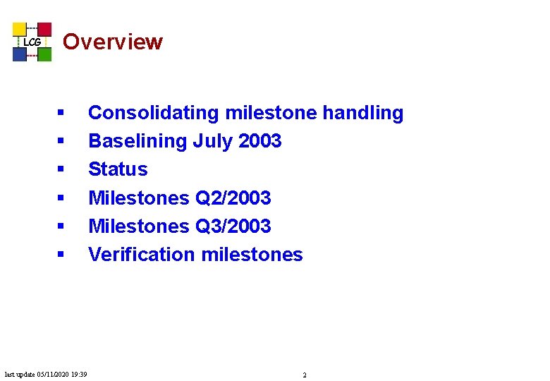 LCG Overview § § § last update 05/11/2020 19: 39 Consolidating milestone handling Baselining