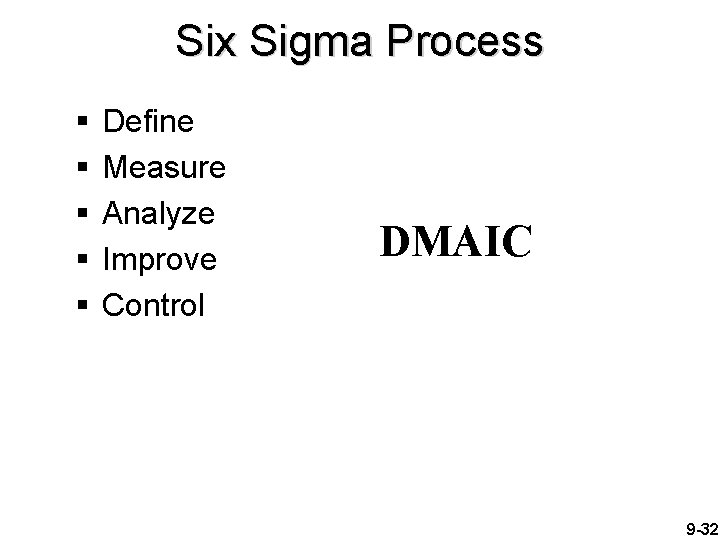 Six Sigma Process § § § Define Measure Analyze Improve Control DMAIC 9 -32