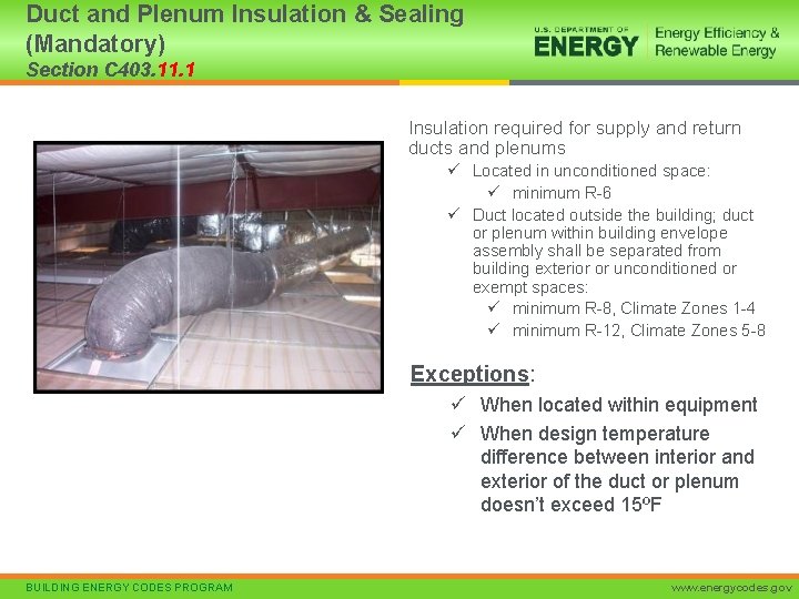 Duct and Plenum Insulation & Sealing (Mandatory) Section C 403. 11. 1 Insulation required
