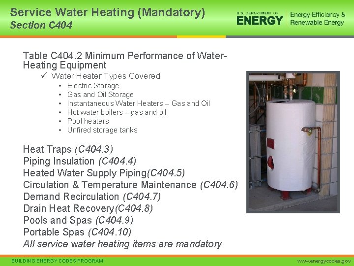 Service Water Heating (Mandatory) Section C 404 Table C 404. 2 Minimum Performance of