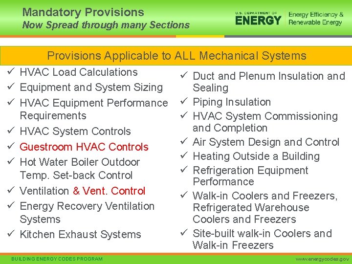 Mandatory Provisions Now Spread through many Sections Provisions Applicable to ALL Mechanical Systems ü