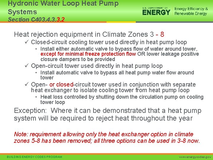 Hydronic Water Loop Heat Pump Systems Section C 403. 4. 3. 3. 2 Heat