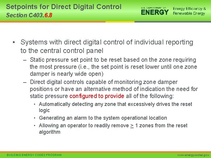 Setpoints for Direct Digital Control Section C 403. 6. 8 • Systems with direct