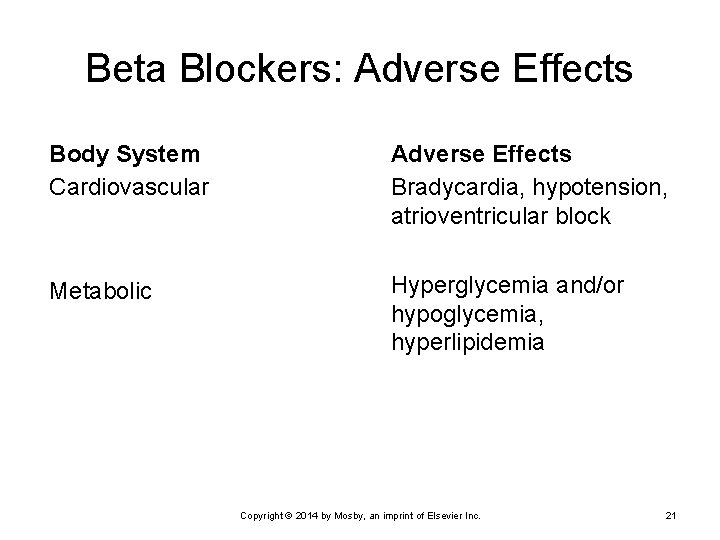 Beta Blockers: Adverse Effects Body System Cardiovascular Adverse Effects Bradycardia, hypotension, atrioventricular block Metabolic