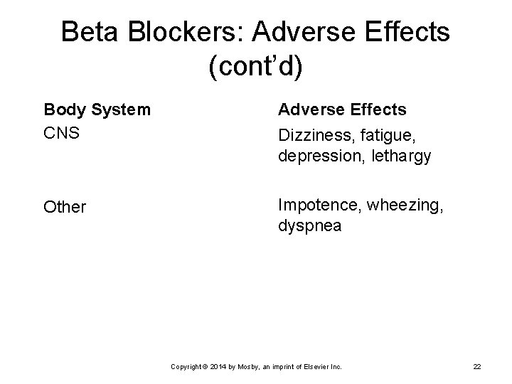 Beta Blockers: Adverse Effects (cont’d) Body System CNS Adverse Effects Other Impotence, wheezing, dyspnea