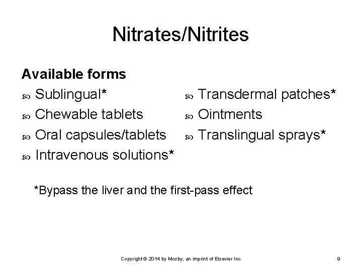 Nitrates/Nitrites Available forms Sublingual* Chewable tablets Oral capsules/tablets Intravenous solutions* Transdermal patches* Ointments Translingual