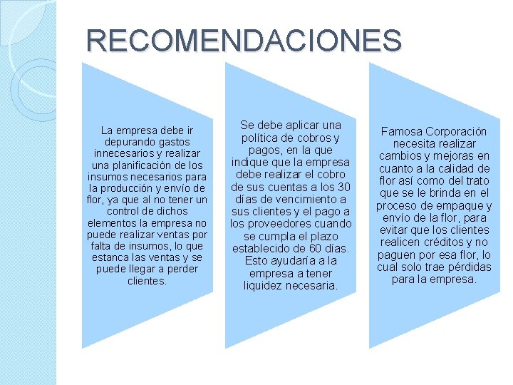 RECOMENDACIONES La empresa debe ir depurando gastos innecesarios y realizar una planificación de los