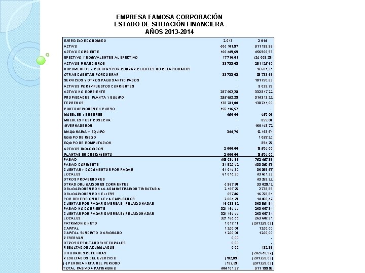 EMPRESA FAMOSA CORPORACIÓN ESTADO DE SITUACIÓN FINANCIERA AÑOS 2013 -2014 EJERCICIO ECONÓMICO 2. 013