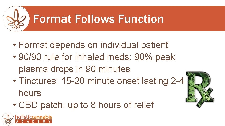 Format Follows Function • Format depends on individual patient • 90/90 rule for inhaled