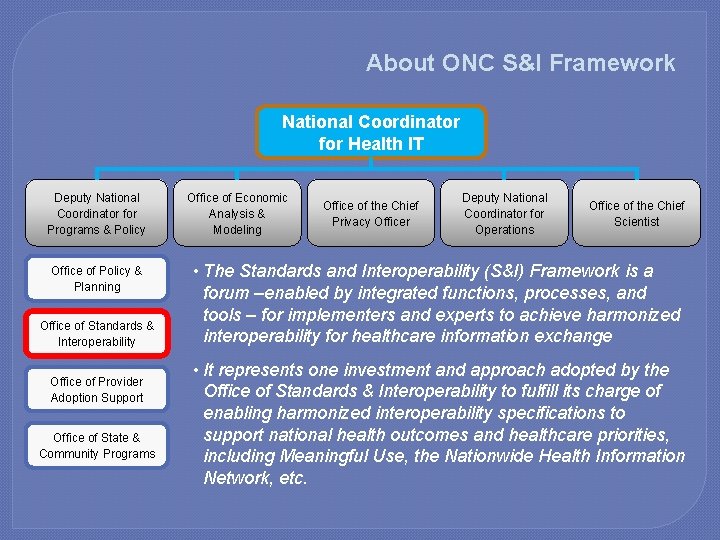 About ONC S&I Framework National Coordinator for Health IT Deputy National Coordinator for Programs