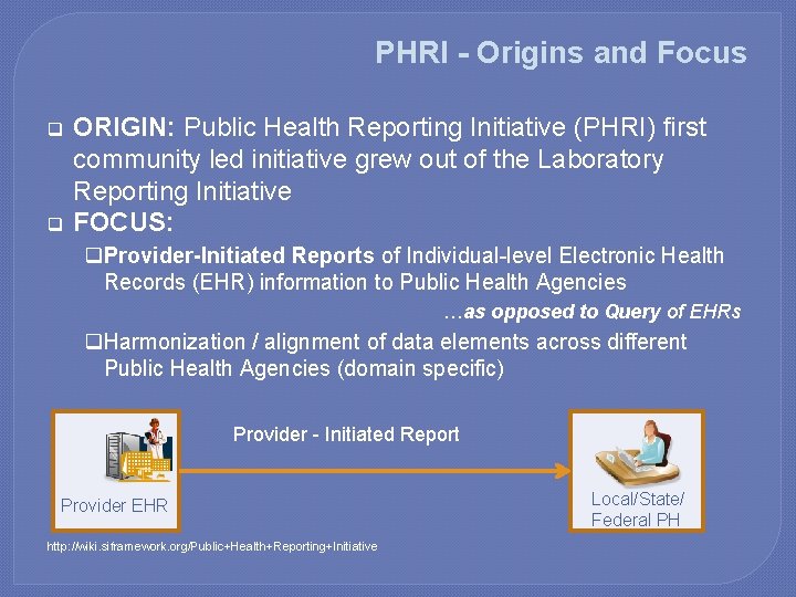 PHRI - Origins and Focus q q ORIGIN: Public Health Reporting Initiative (PHRI) first