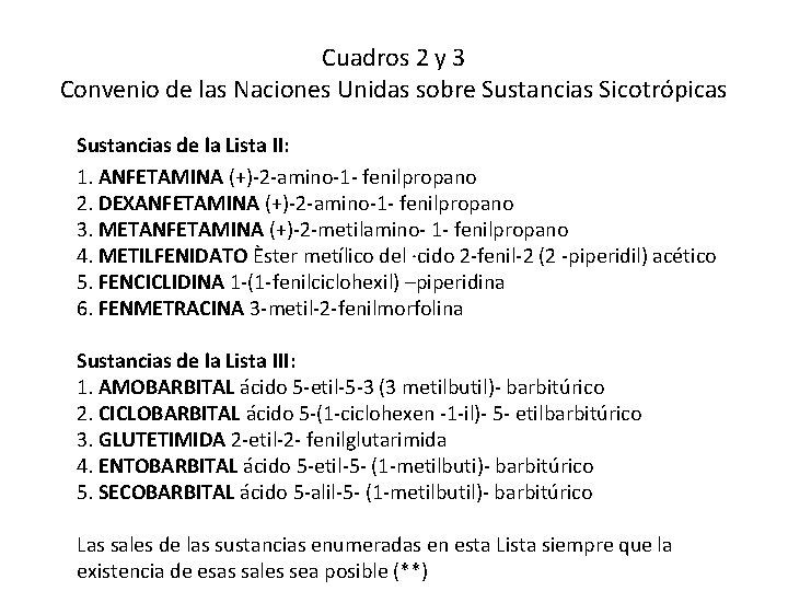 Cuadros 2 y 3 Convenio de las Naciones Unidas sobre Sustancias Sicotrópicas Sustancias de