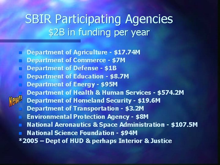 SBIR Participating Agencies $2 B in funding per year Department of Agriculture - $17.