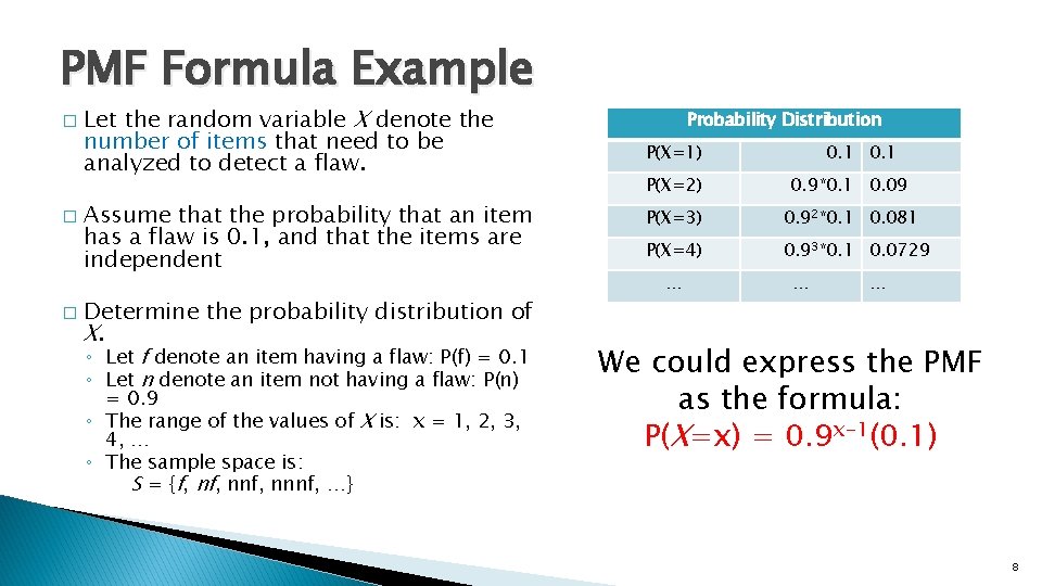 PMF Formula Example � � � Let the random variable X denote the number
