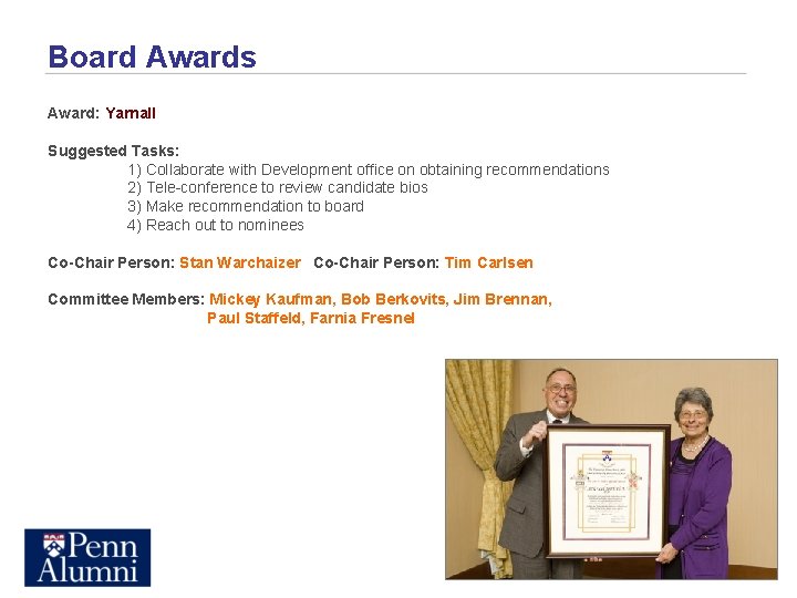 Board Awards Award: Yarnall Suggested Tasks: 1) Collaborate with Development office on obtaining recommendations
