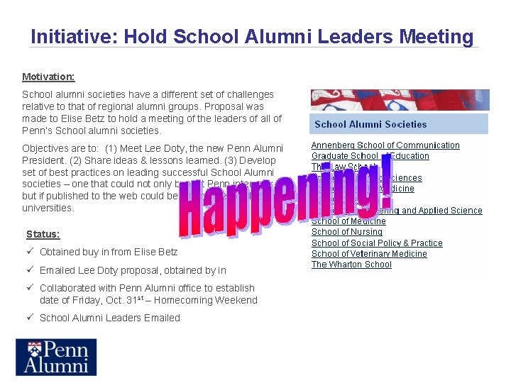Initiative: Hold School Alumni Leaders Meeting Motivation: School alumni societies have a different set