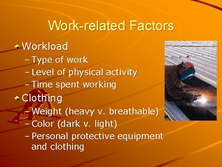 Work-related Factors Workload – Type of work – Level of physical activity – Time
