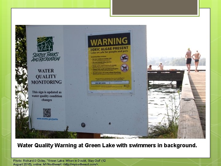 Water Quality Warning at Green Lake with swimmers in background. Photo: Richard D Oxley,