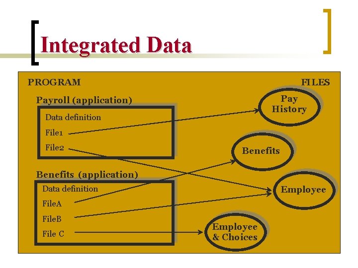 Integrated Data PROGRAM FILES Pay History Payroll (application) Data definition File 1 File 2