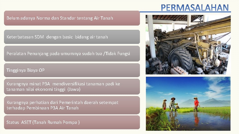 Belum adanya Norma dan Standar tentang Air Tanah Keterbatasan SDM dengan basic bidang air