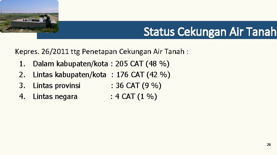 Status Cekungan Air Tanah Kepres. 26/2011 ttg Penetapan Cekungan Air Tanah : 1. 2.