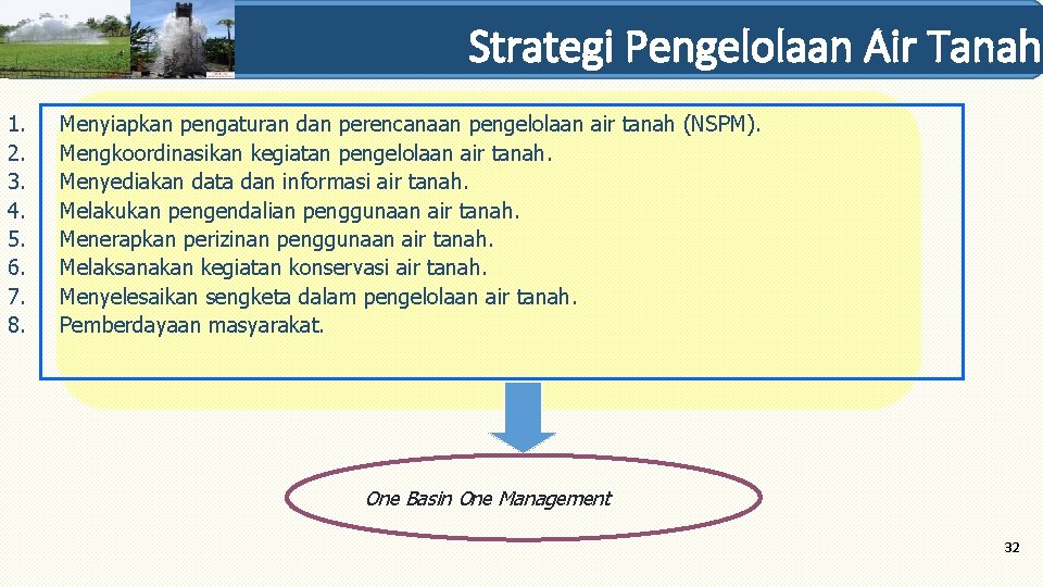 STRATEGI PENGELOLAAN AIR TANAH Strategi Pengelolaan Air Tanah 1. 2. 3. 4. 5. 6.