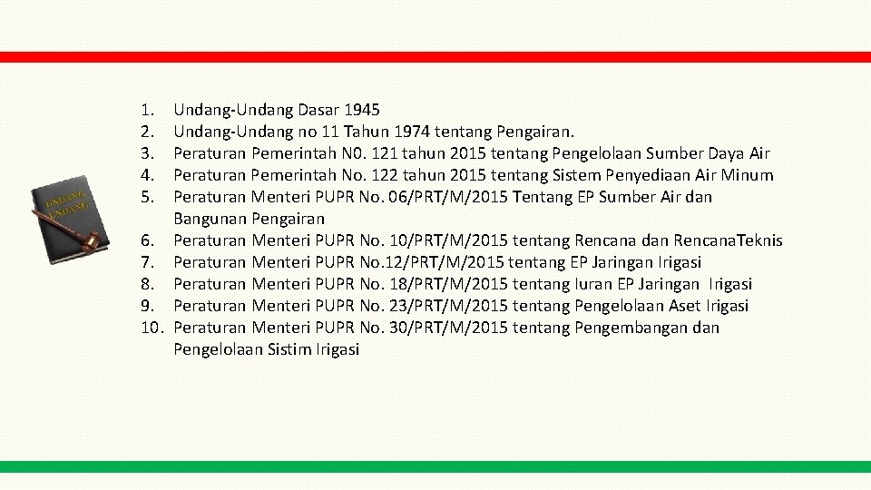 1. 2. 3. 4. 5. Undang-Undang Dasar 1945 Undang-Undang no 11 Tahun 1974 tentang