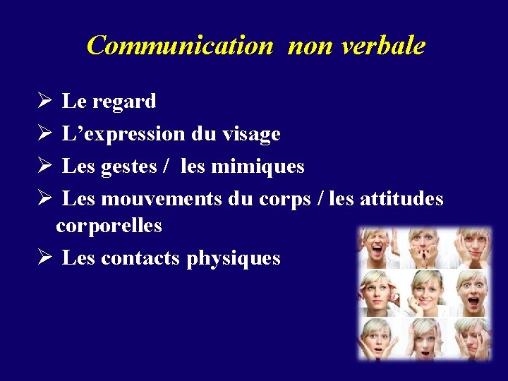 Communication non verbale Ø Le regard Ø L’expression du visage Ø Les gestes /