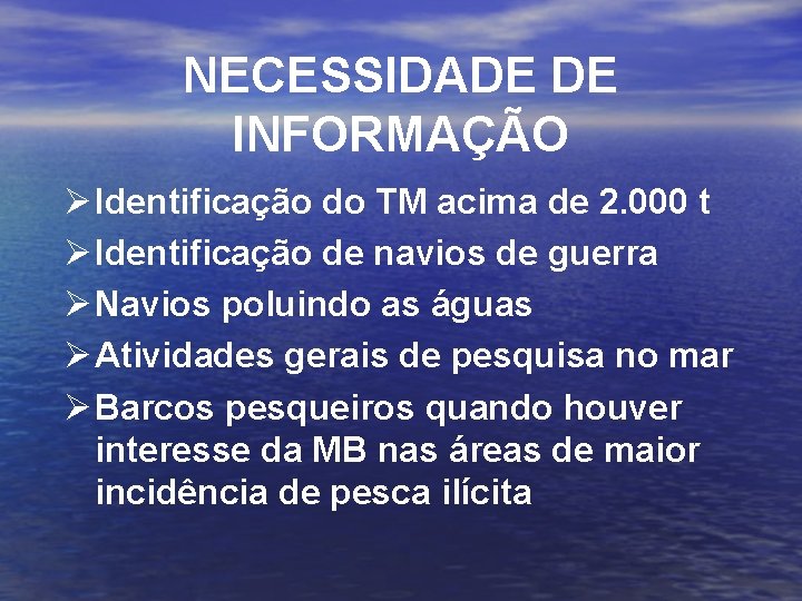 NECESSIDADE DE INFORMAÇÃO Ø Identificação do TM acima de 2. 000 t Ø Identificação