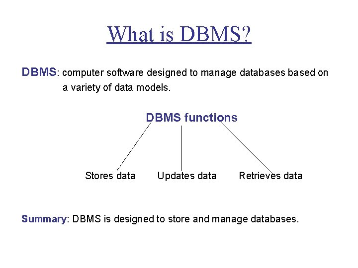 What is DBMS? DBMS: computer software designed to manage databases based on a variety
